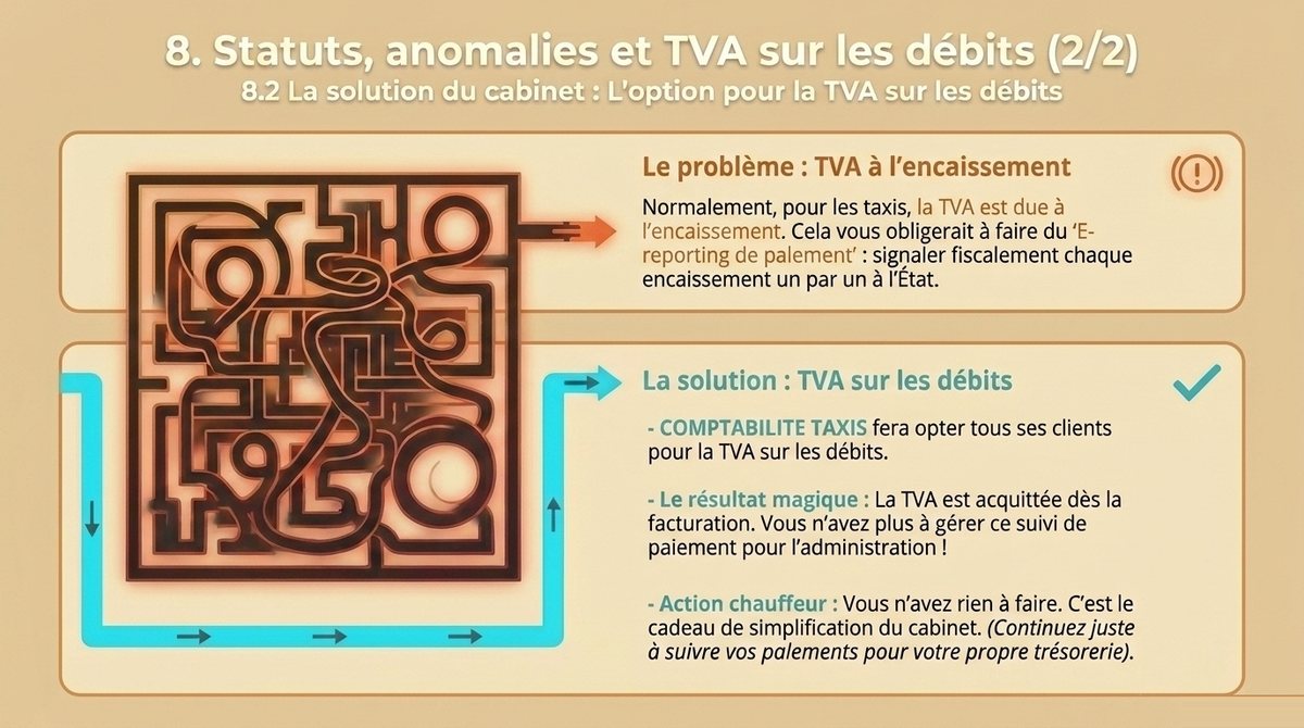 L'option pour la TVA sur les débits évite au chauffeur de taxi le e-reporting de paiement